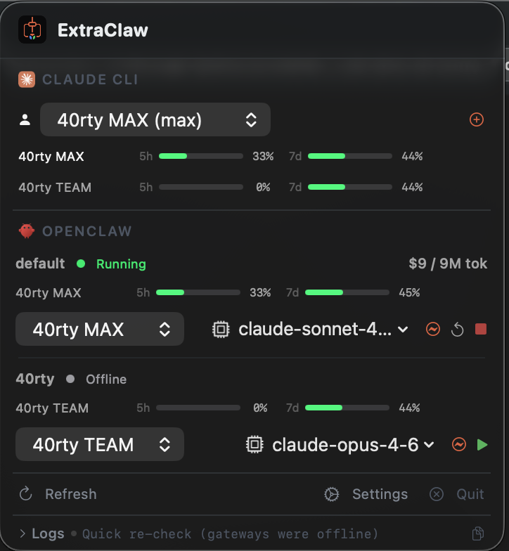 ExtraClaw menu bar showing Claude accounts, usage monitoring, and gateway management
